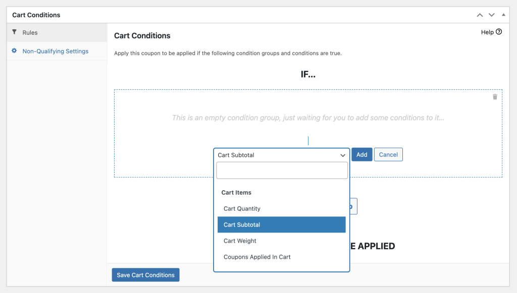 WooCommerce cart conditions screen showing options to apply coupons based on cart subtotal, items, quantity, weight, and coupons applied in the cart.